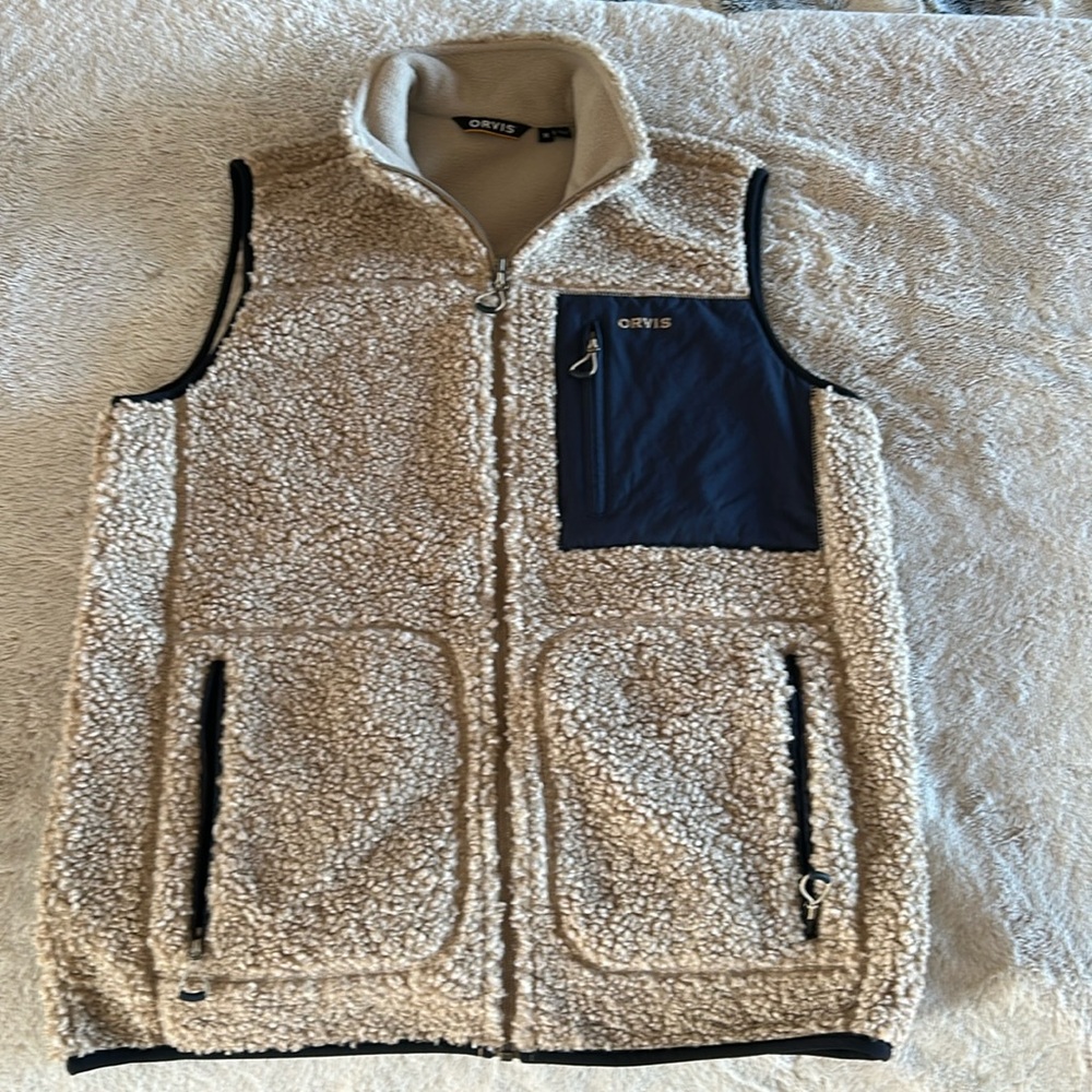 Orvis HIGH PILE SHERPA FLEECE VEST Oatmeal Blue ZIP POCKETS Outdoors Men's Med